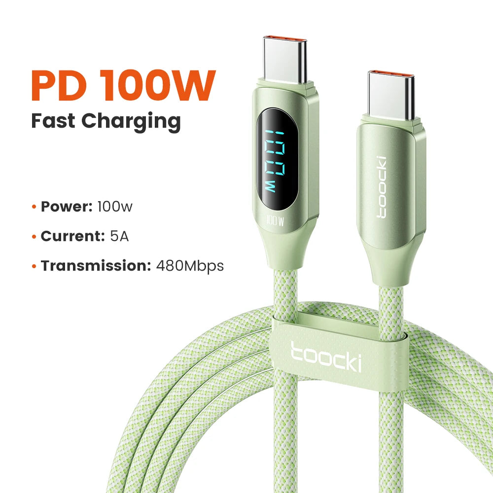 Toocki USB-C cable 100W PD with digital display, white, 1 meter, ideal for fast charging and electronic device connectivity.