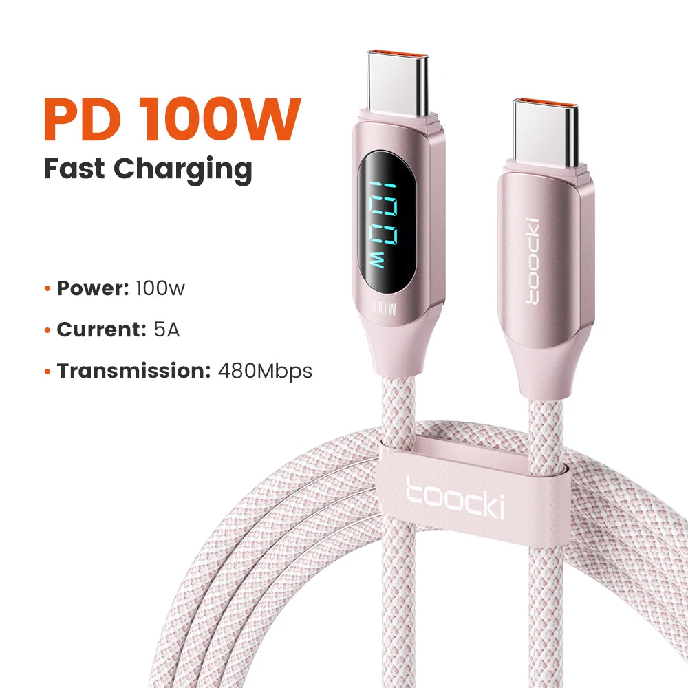 Toocki USB-C cable with 100W PD fast charging and digital display, white 1-meter USB-C to USB-C cable for electronic devices.