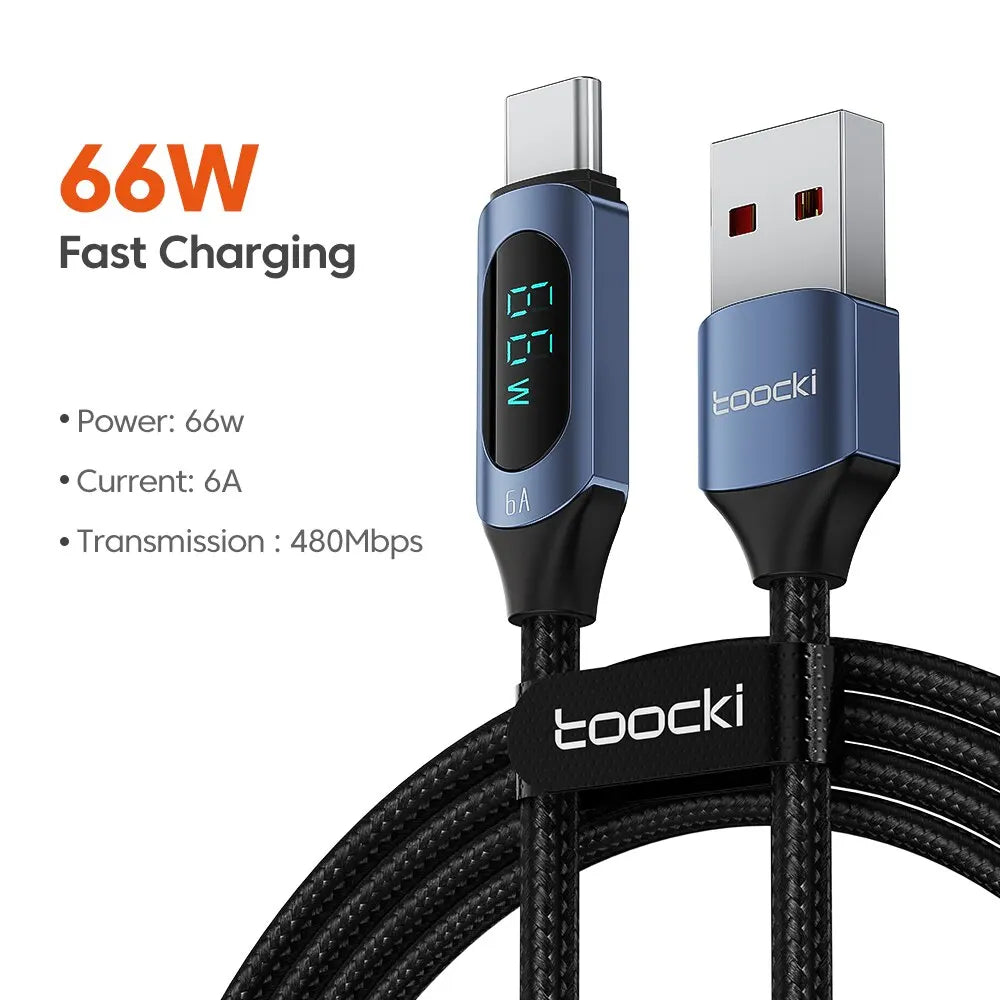 Toocki USB-C cable with digital display, 100W PD fast charging, white 1-meter cable for electronics and USB devices.