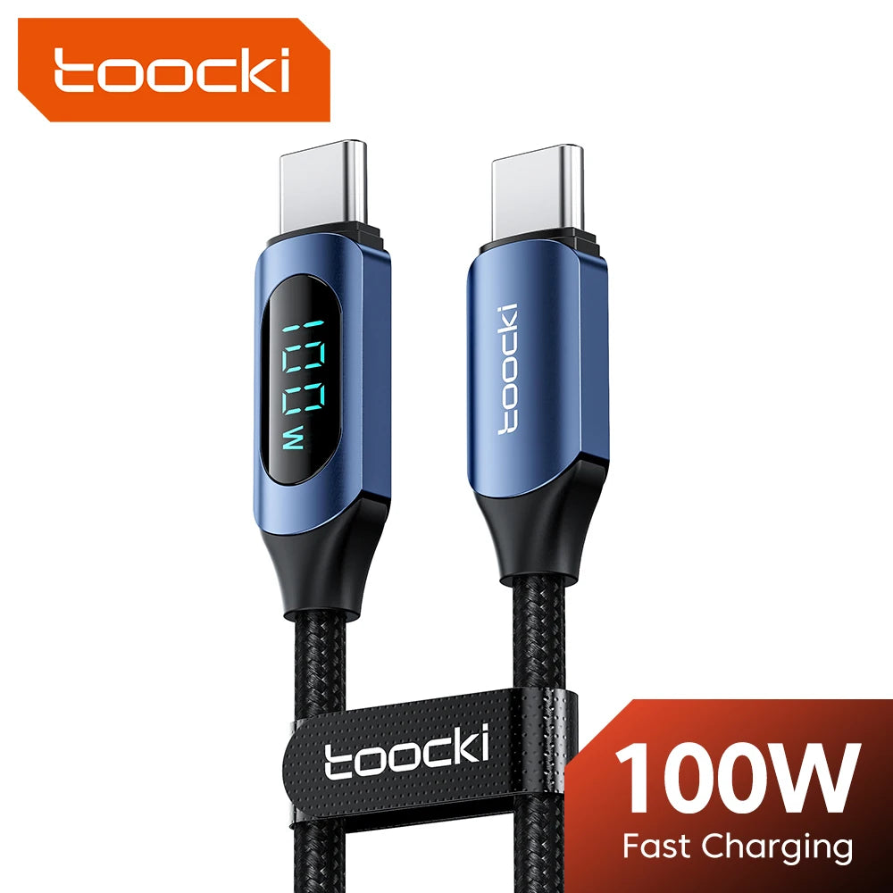 Toocki USB-C cable 100W PD fast charging with digital display, black 1-meter cable compatible with Mac and iPad devices.