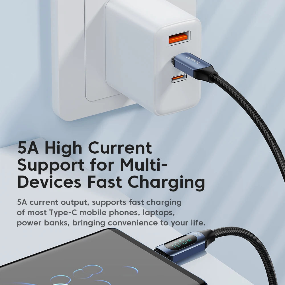 Toocki USB-C cable 100W PD with digital display, 1 meter length, compatible with Mac and iPad, black color.