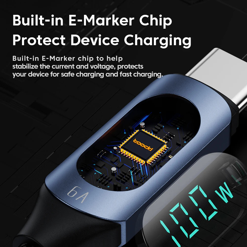 Toocki USB-C cable 100W PD with digital display, black, 1 meter, compatible with Mac and iPad devices.