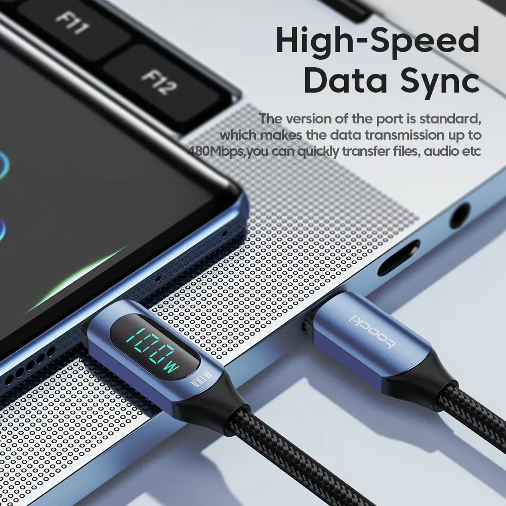 Blue 1-meter Toocki USB-C to USB-C cable with 100W PD fast charging and digital LED display for electronic devices.