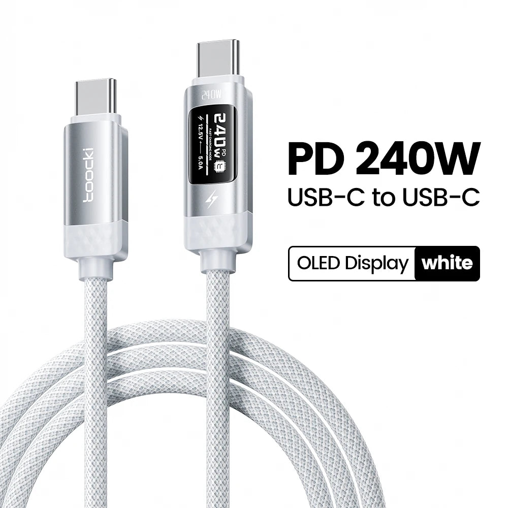 White Toocki USB-C cable, 3 meters, 240W OLED PD 3.1 fast charging and data transfer, ideal for electronic device connections.