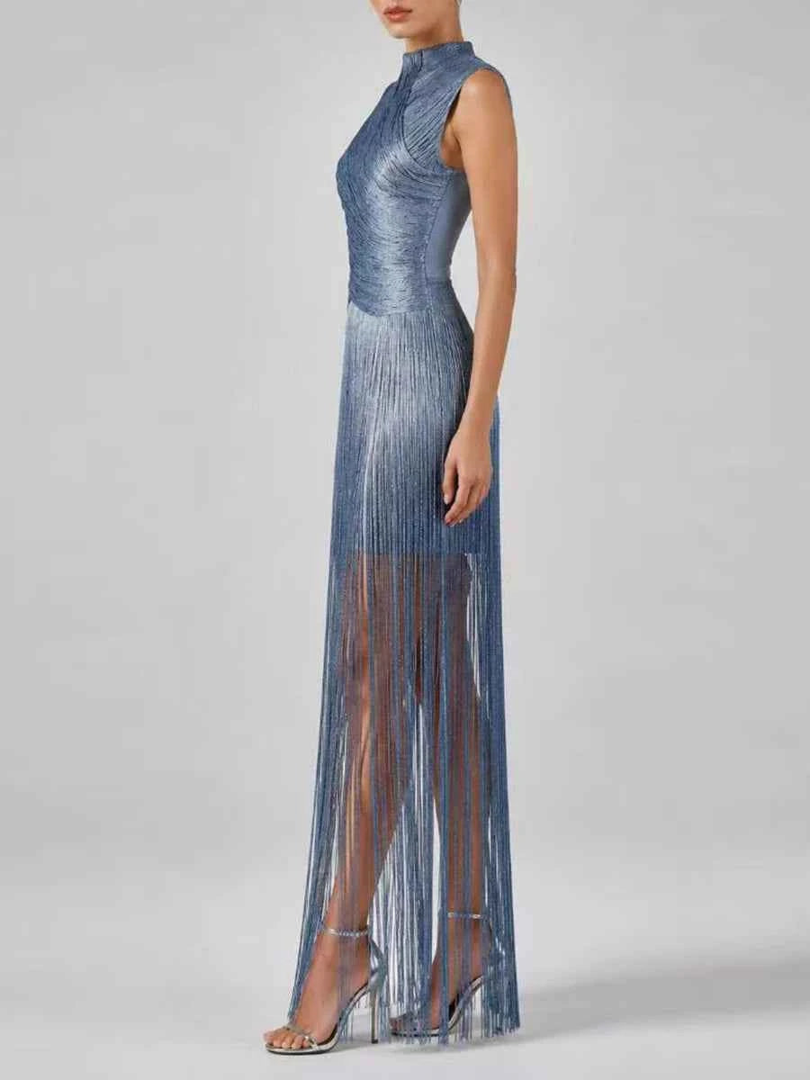 VGH elegant blue midi party dress with high neckline and fringe details, perfect for evening events and celebrations.