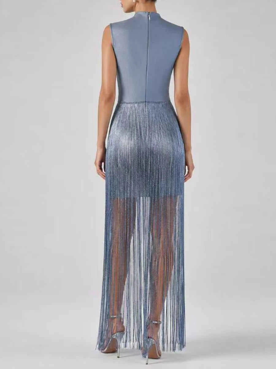 Elegant VGH blue midi evening dress with high collar and fringe details, perfect for parties and special occasions.