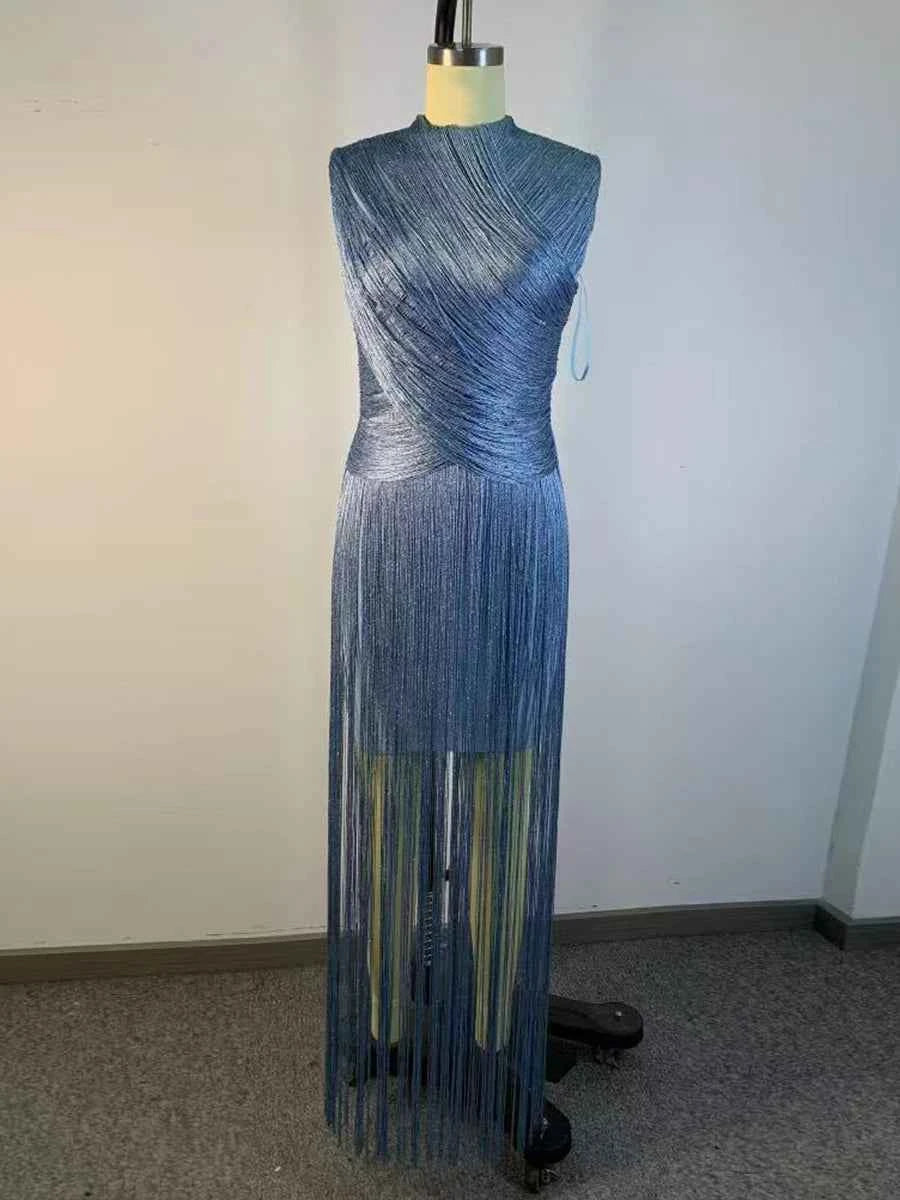 Blue VGH elegant party dress with high neckline and fringe detail, midi length, perfect for evening festivities.