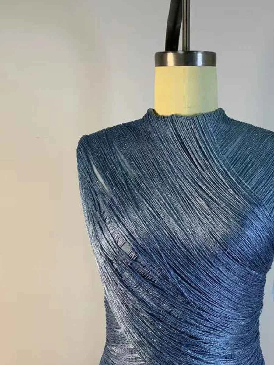 Elegant blue VGH evening dress with high neckline and fringe details, midi length, perfect for festive parties.