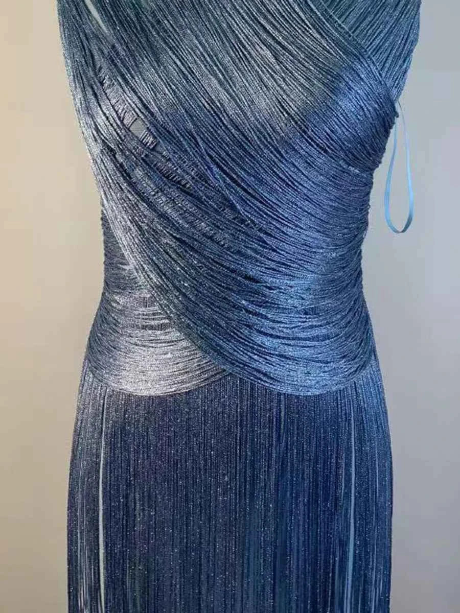 Elegant VGH blue fiesta dress with high neckline, fringe details, midi length, perfect for evening events and special occasions.