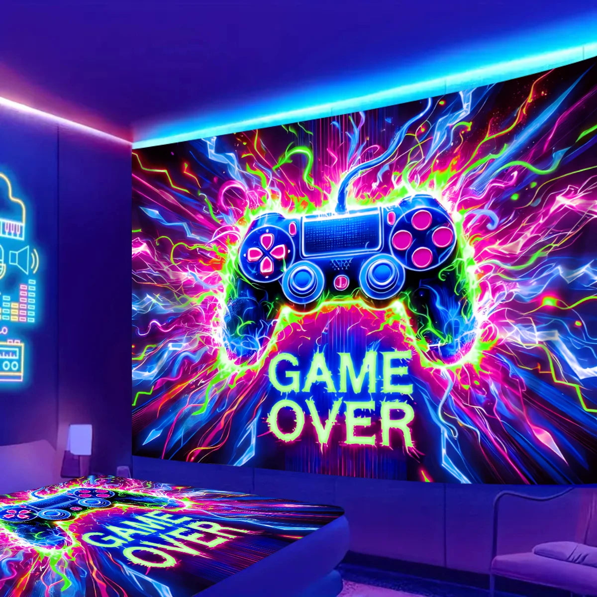 Neon cyberpunk video games tapestry by VIKAMA, wall decor for gaming rooms, featuring vibrant futuristic design in 75x58cm size.