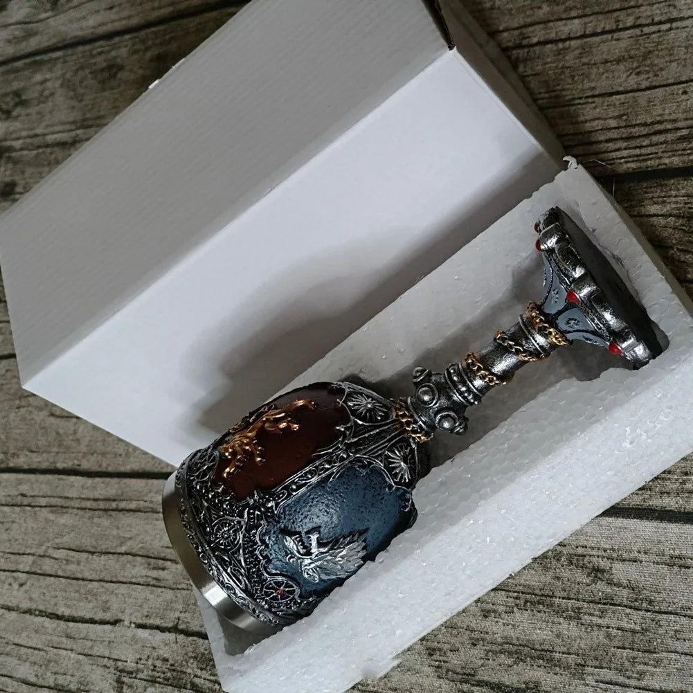 Vofun medieval knight cup with stainless steel and resin design, featuring a gothic skull motif, for home wine drinking.