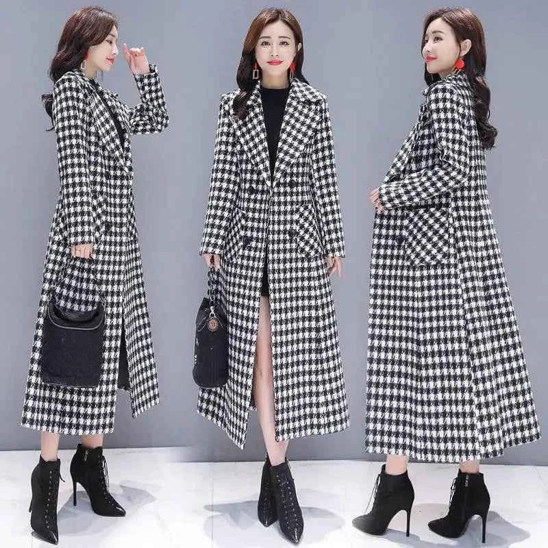 VWBQNZ women's plaid wool coat, long casual winter trench, elegant and warm outerwear for women.