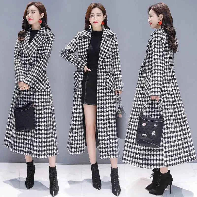 VWBQNZ elegant plaid wool coat for women, long casual winter jacket with a classic checkered pattern and tailored style.