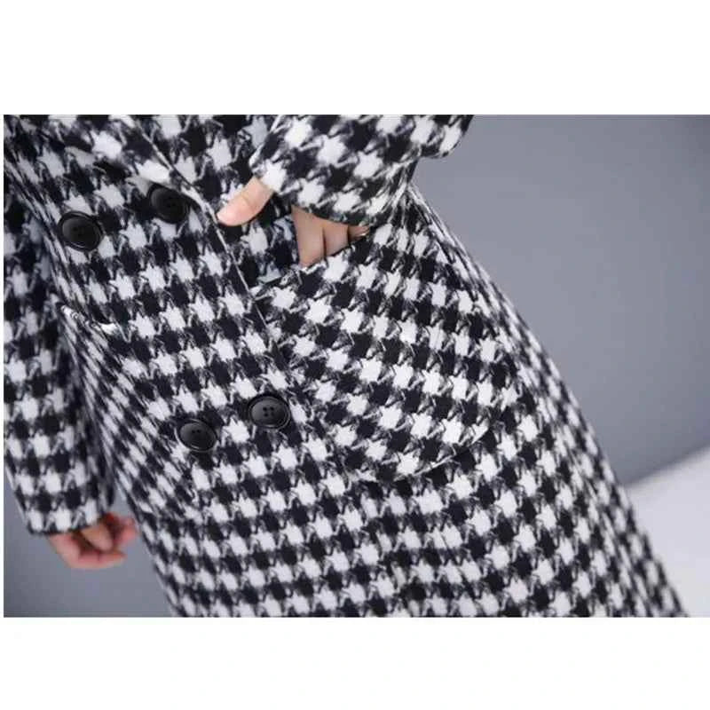 Elegant long VWBQNZ plaid wool coat for women, casual winter trench jacket with warm, stylish design.