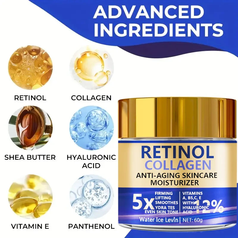 Water Ice Levin Retinol and Collagen Facial Cream, 60g, with hydrating and firming formula, in a white jar with a blue lid.