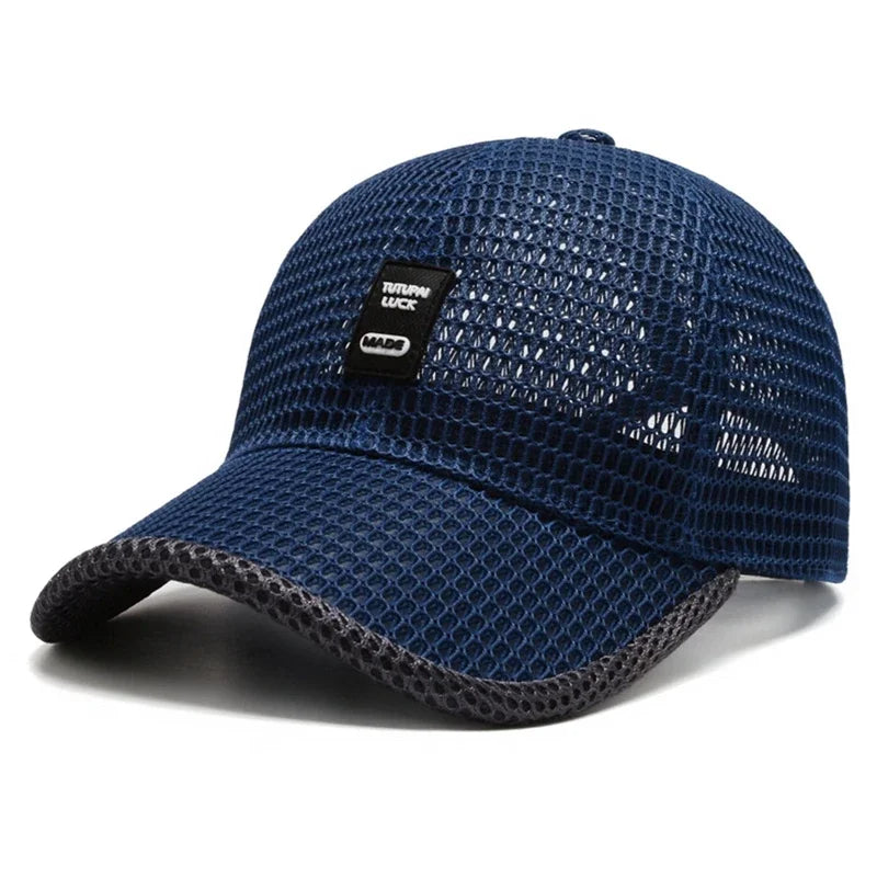 Dark blue WRELS baseball cap with UV protection and breathable mesh, perfect for summer outdoor wear.