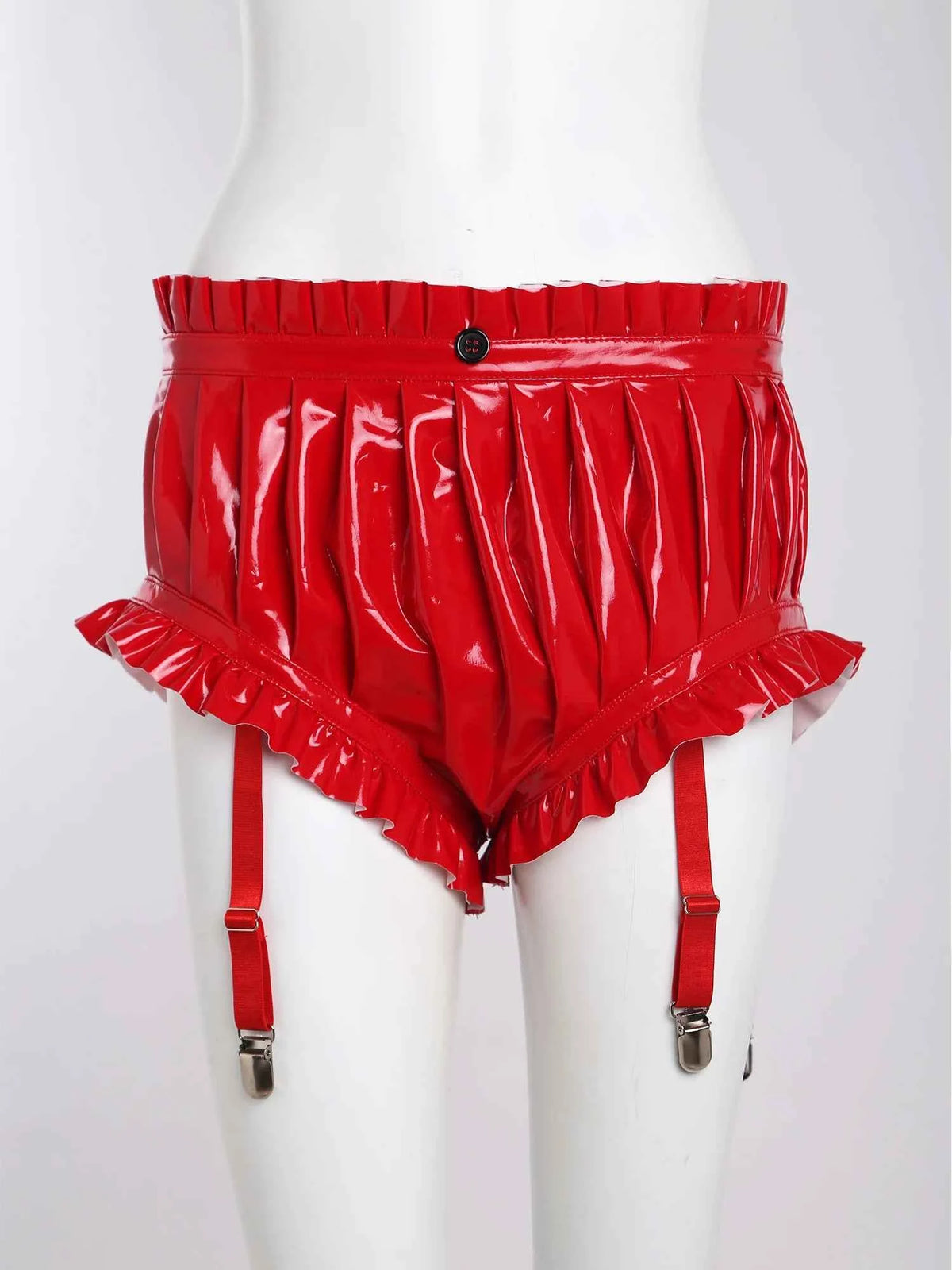 Black wet look leather shorts for women by YiZYiF with high waist and ruffle details, stylish synthetic leather pants.