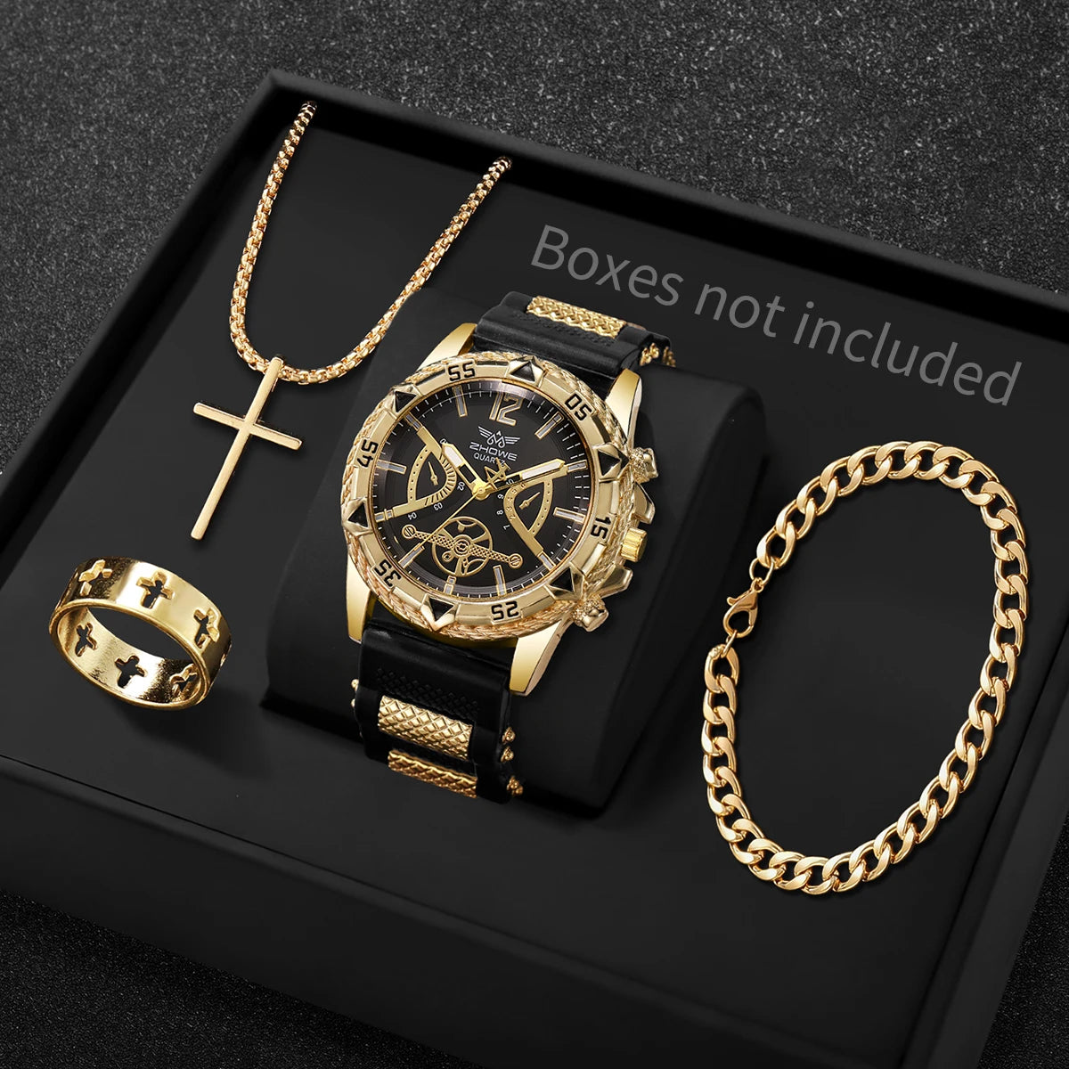 Set of four Yolako men's casual quartz wristwatches with white and silver dials, Arab-inspired design, and modern style.