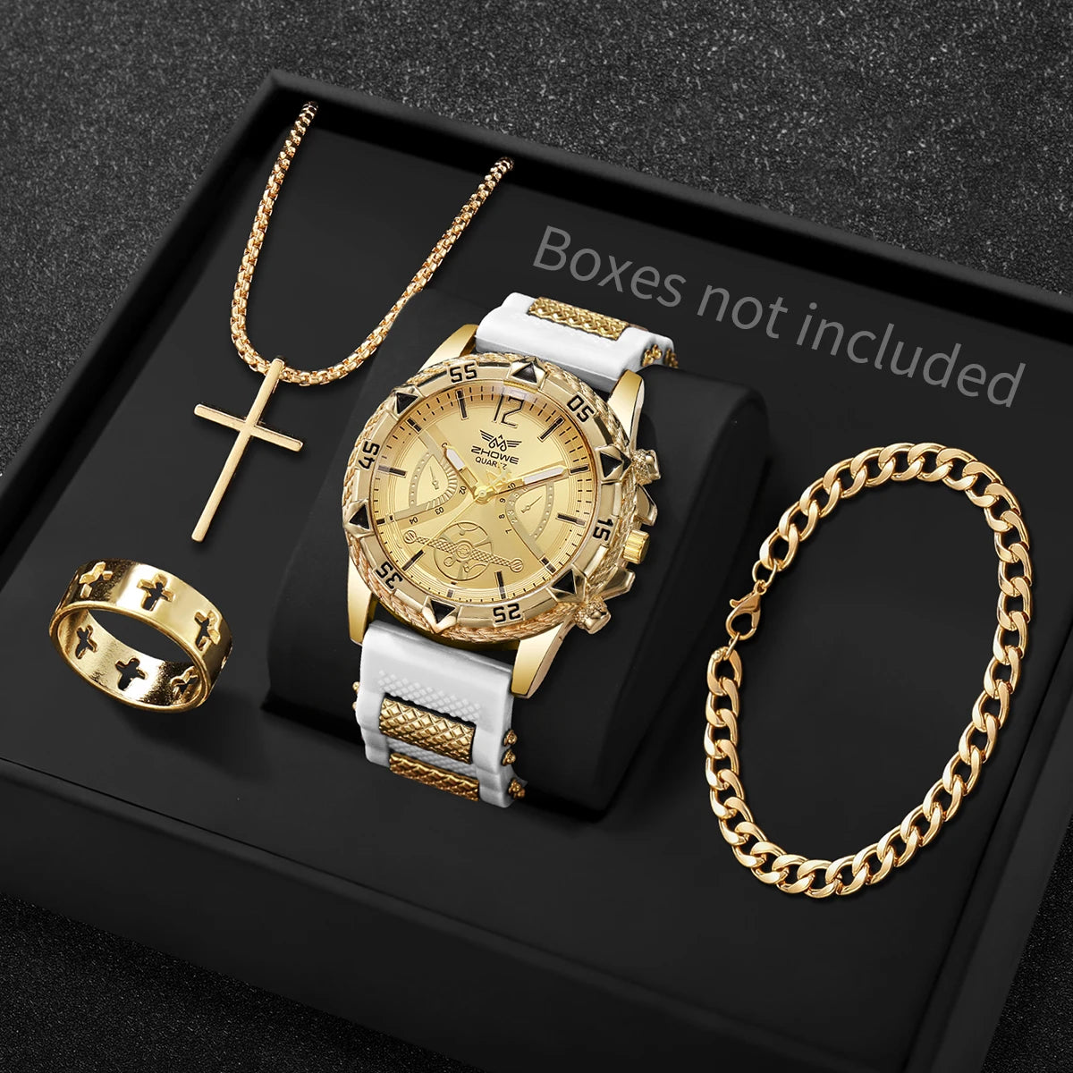 Set of four Yolako men's casual quartz wristwatches with white and silver dials, Arabic numerals, and stainless steel straps.