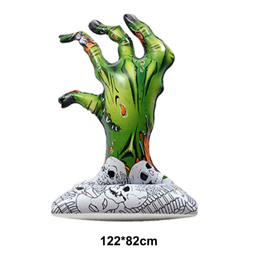 Ysoihf giant skeleton skull Halloween foil inflatable for spooky party decoration, featuring iridescent design and festive Halloween theme.