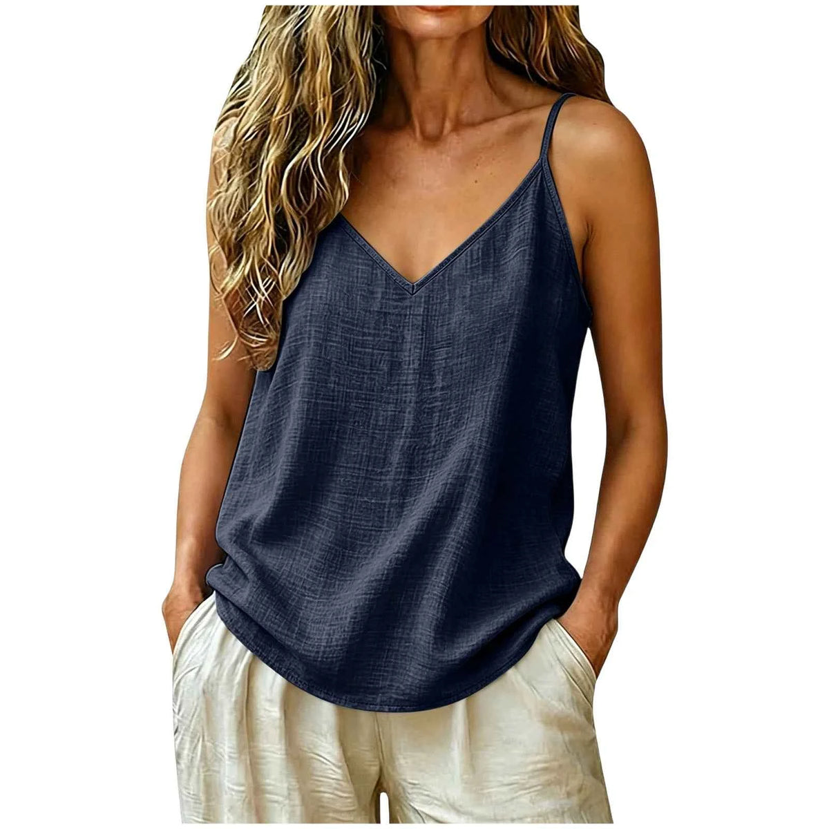 White linen summer camiseta sin mangas for women with thin straps and V-neck from ZOMAXIUJEE, casual and breathable top.