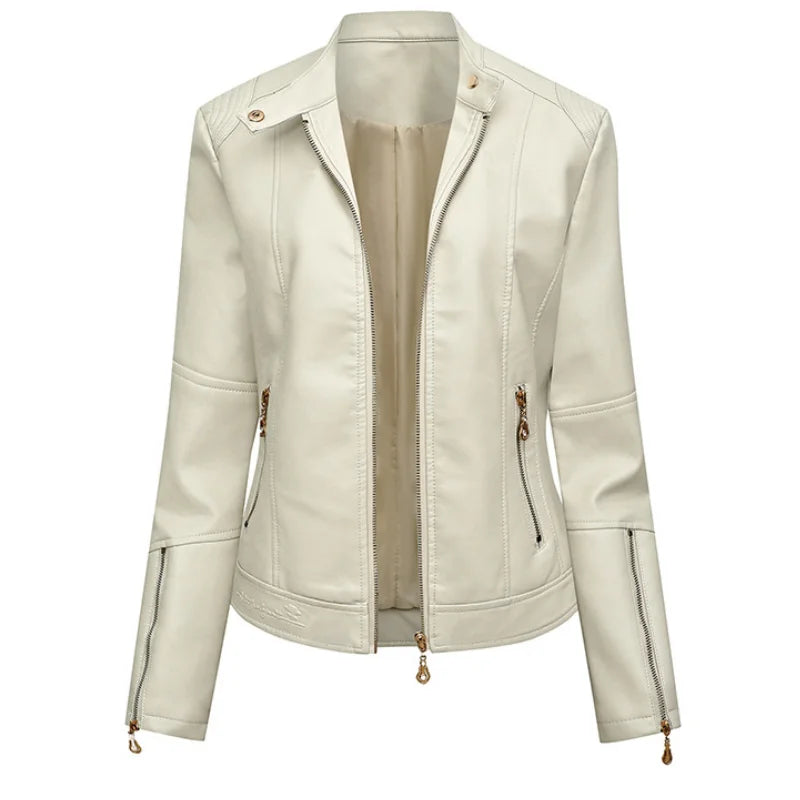 Chaqueta Cuello Mandarín PU Mujer BeckyWalk WF163 Cremalleras Ajustada