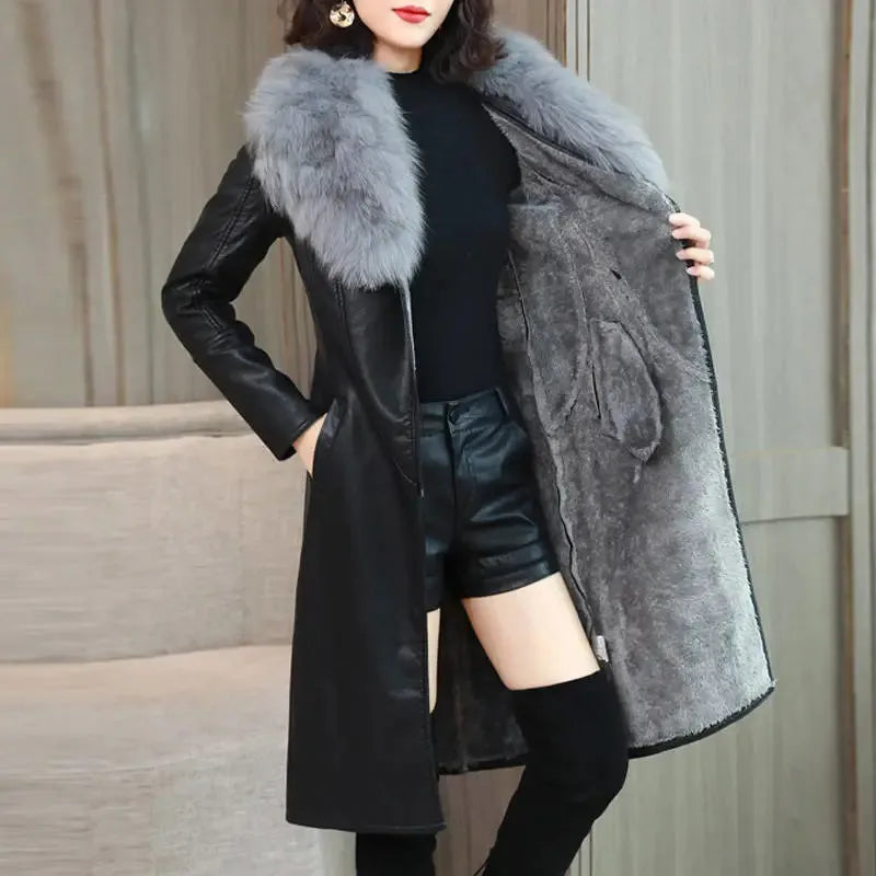 Chaqueta Cuello Piel Sintética Mujer Invierno - Abrigo Largo Coreano