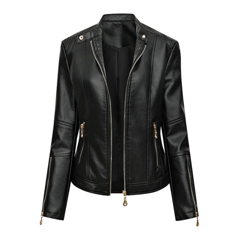 Chaqueta Cuello Mandarín PU Mujer BeckyWalk WF163 Cremalleras Ajustada