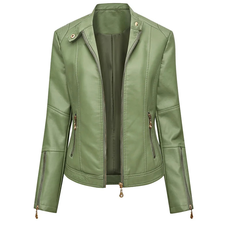 Chaqueta Cuello Mandarín PU Mujer BeckyWalk WF163 Cremalleras Ajustada