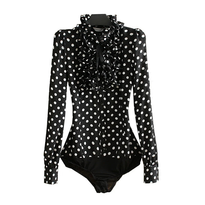 Black women's polka dot bodycon shirt with moon pattern by Corporación Turística, fitted and stylish for casual or evening wear.