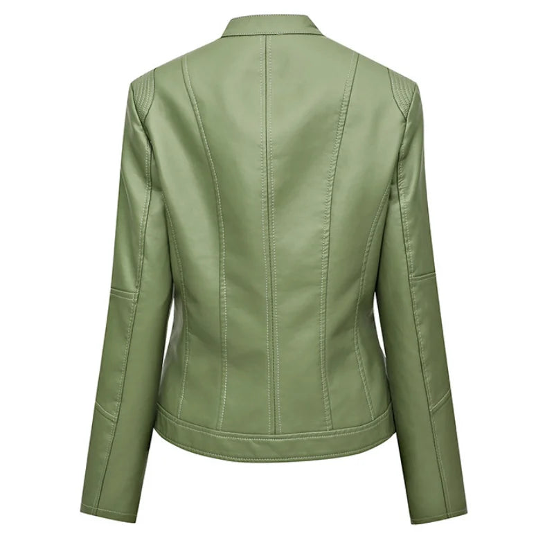 Chaqueta Cuello Mandarín PU Mujer BeckyWalk WF163 Cremalleras Ajustada