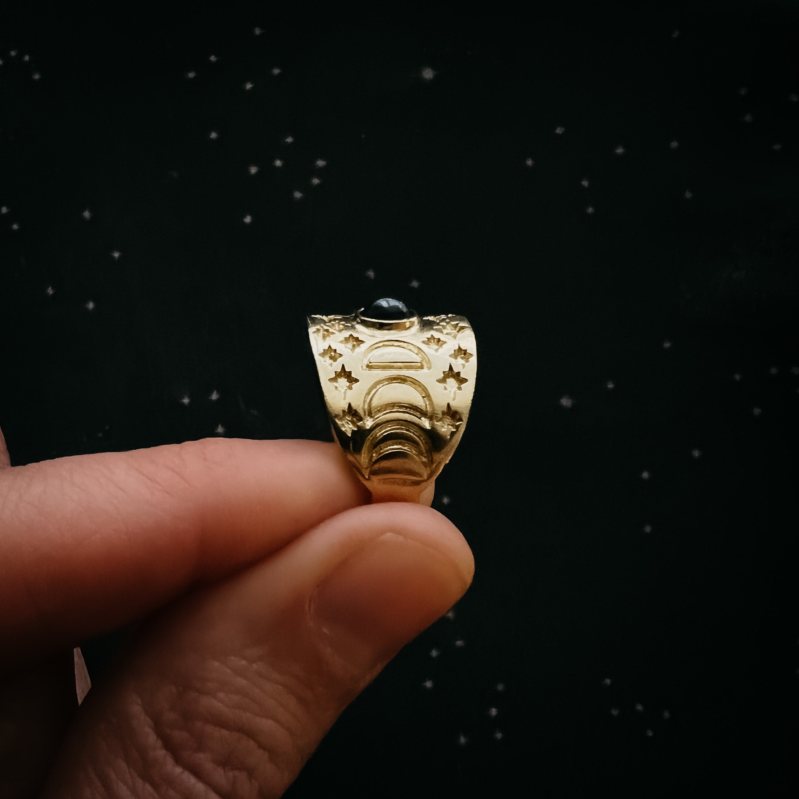 Eclipse Ring with Moon Phases and Black Opal