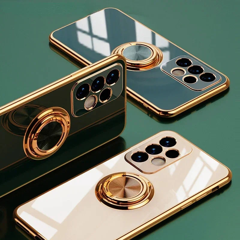 Samsung A56 A36 ring holder case with gold-plated ring support, featuring a sleek protective cover and stylish design.