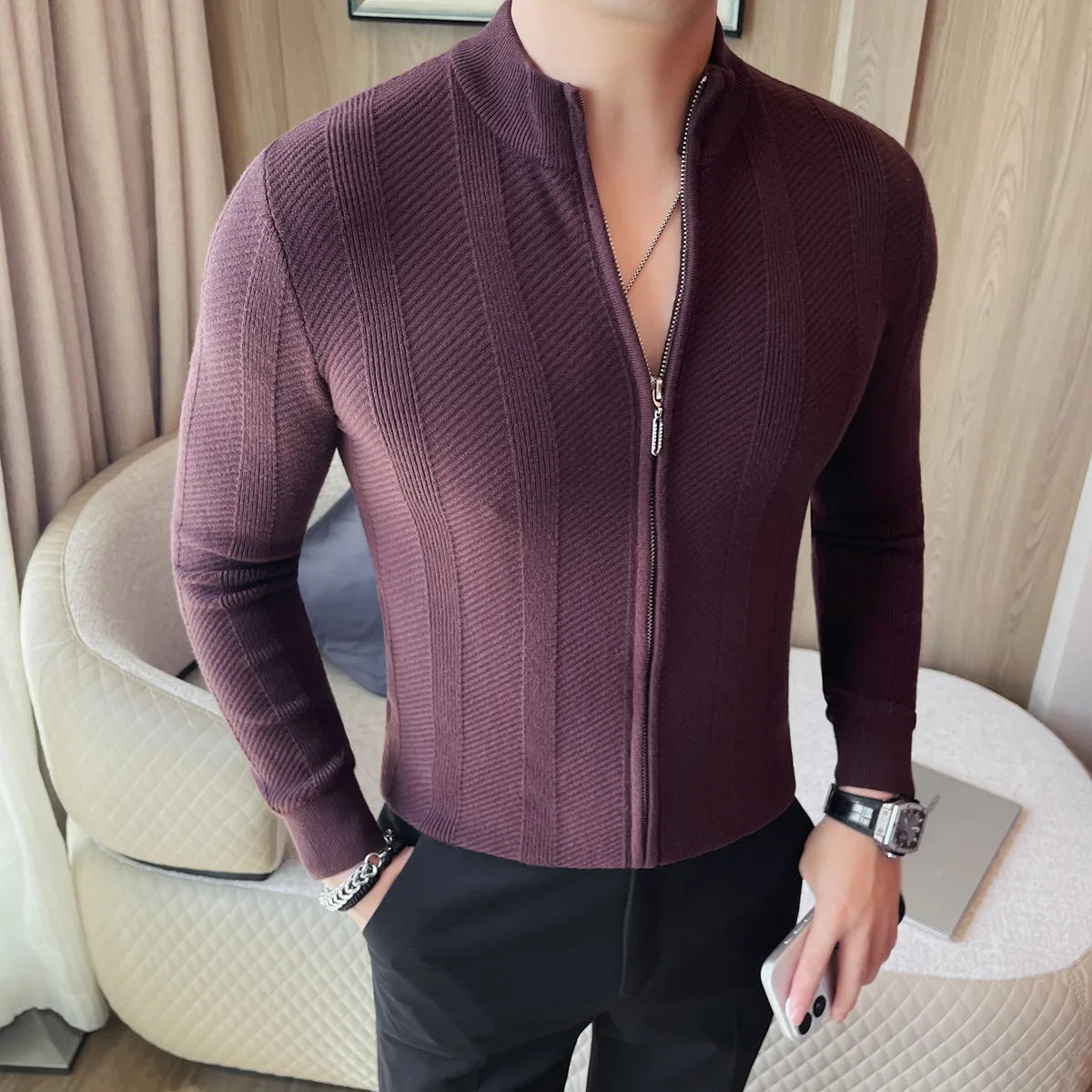 Suéter Cardigan Hombre Cuello Alto Cremallera Cálido Invierno