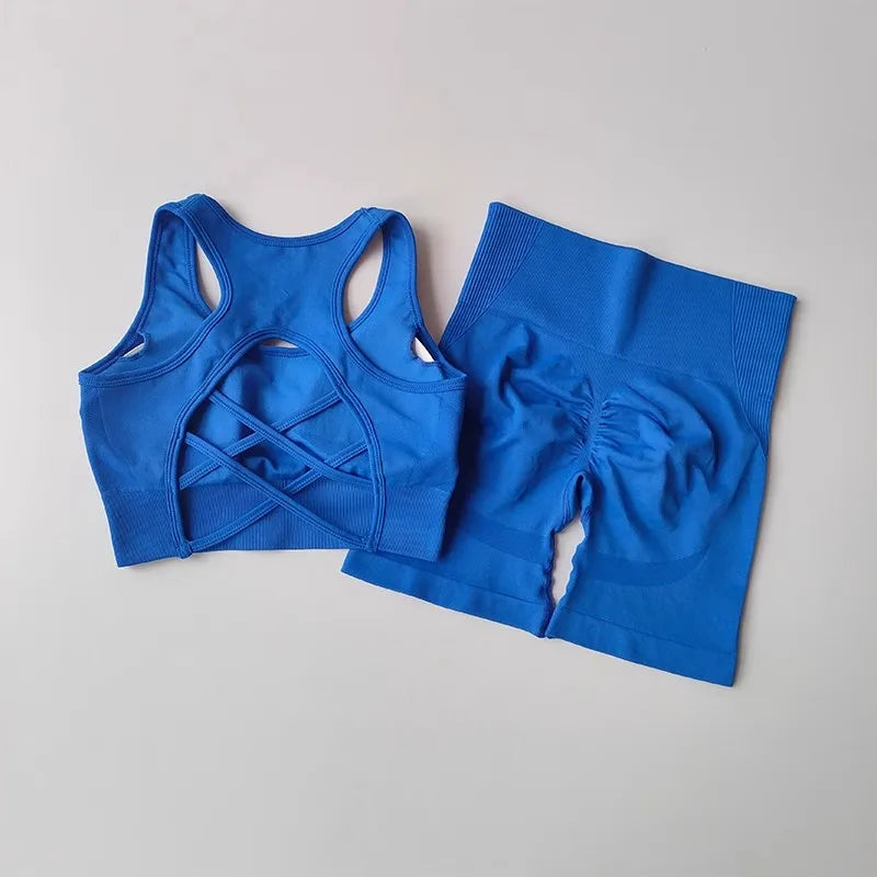 Conjunto de Yoga sin costuras para mujer, Sujetador deportivo Sexy, pantalones cortos deportivos de cintura alta, traje de entrenamiento sin mangas para gimnasio y Fitness, 2 uds.
