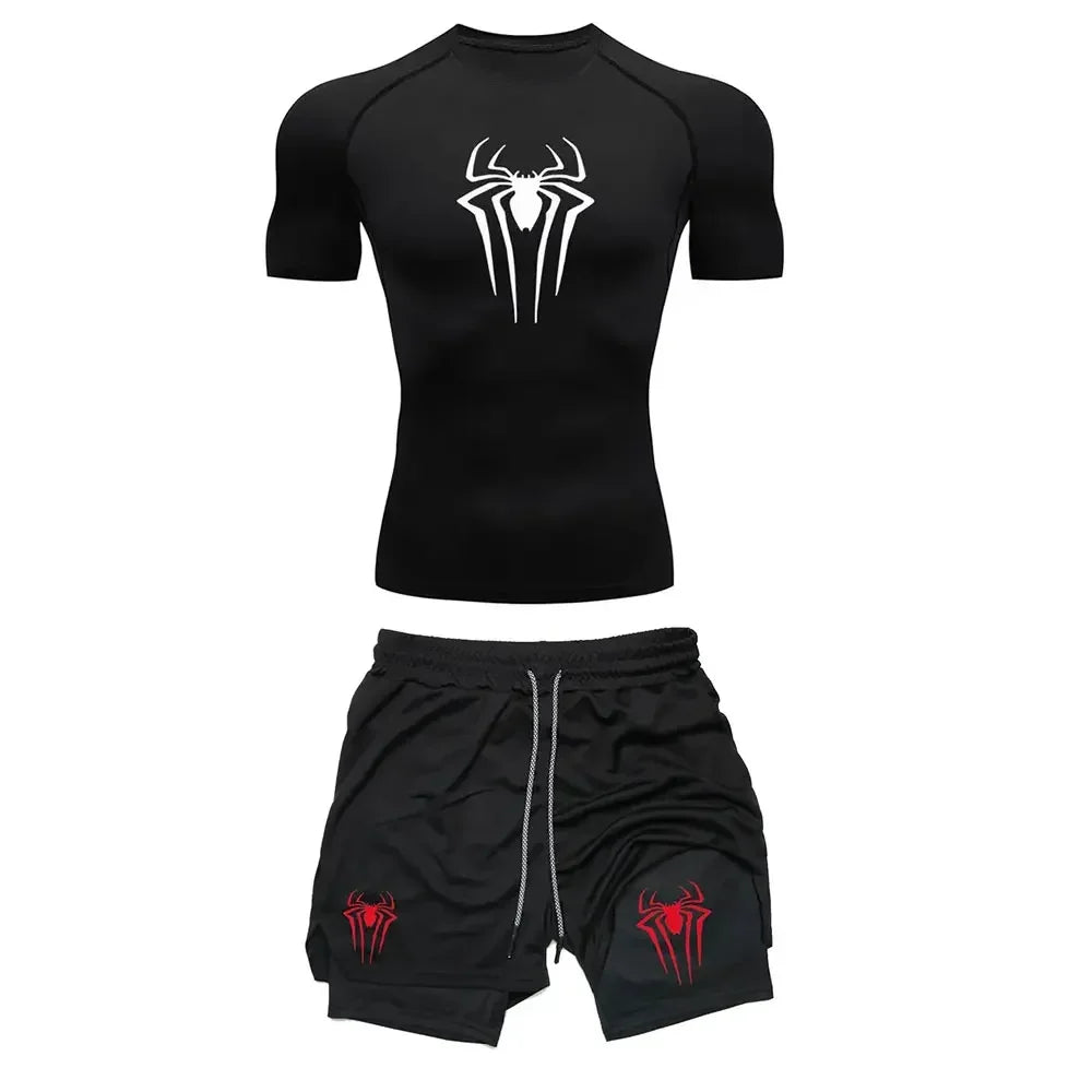 Conjunto de compresión de entrenamiento para hombre, camisetas de gimnasio con estampado de araña Y2K, pantalones cortos transpirables para correr, conjunto de ropa deportiva de secado rápido con protección contra sarpull
