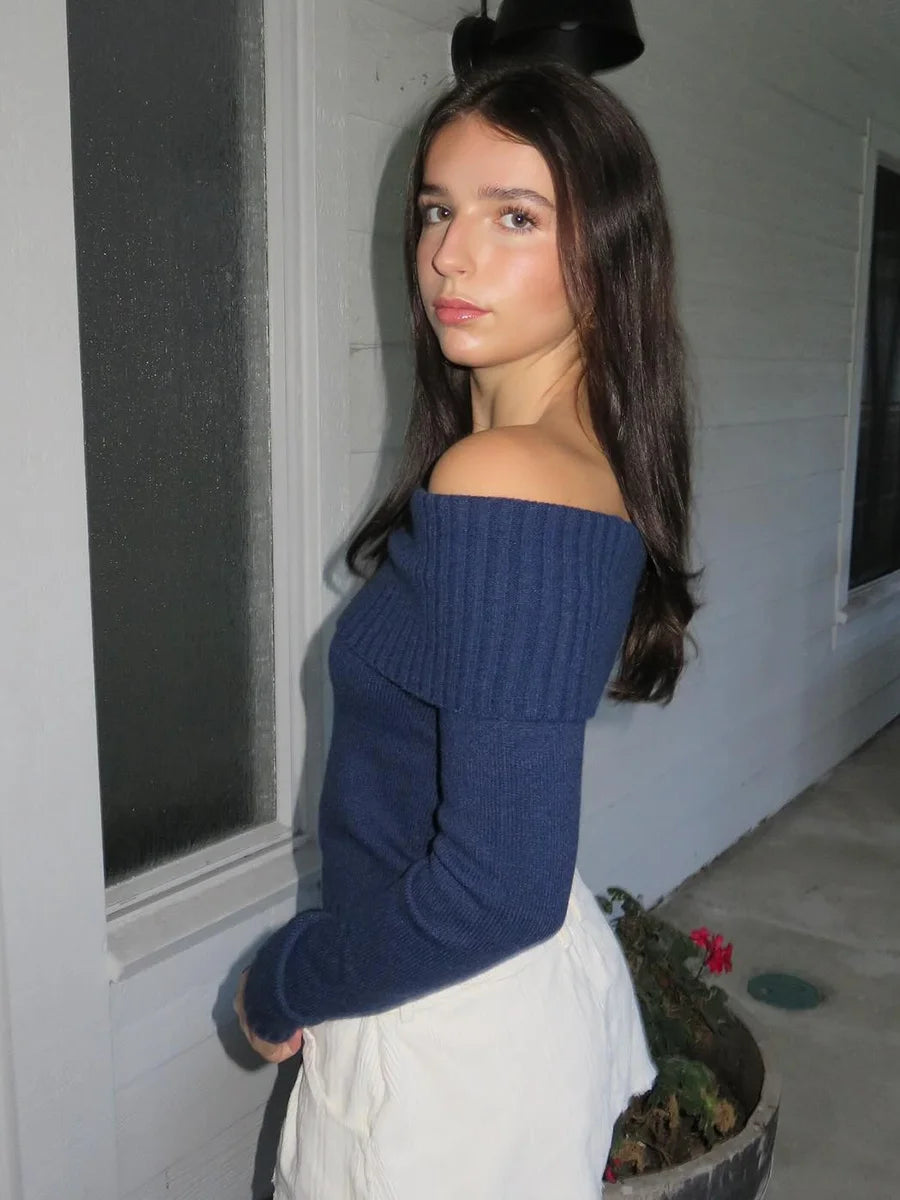 Suéter Crop Vintage Azul Marino Mujer | Y2k Ajustado Cuello Oblicuo