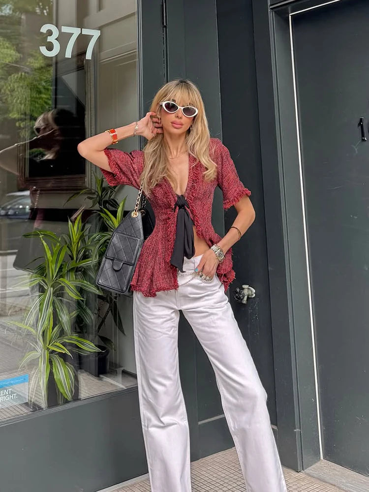 Blusa Vintage Flecos Cuello V Verano 2026 Chic Dama