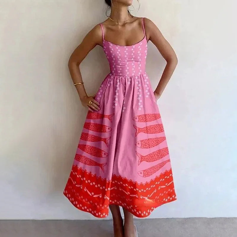 Vestido Midi Rosa Vacaciones Mujer 2026 Elegante Tirantes Finos Línea A