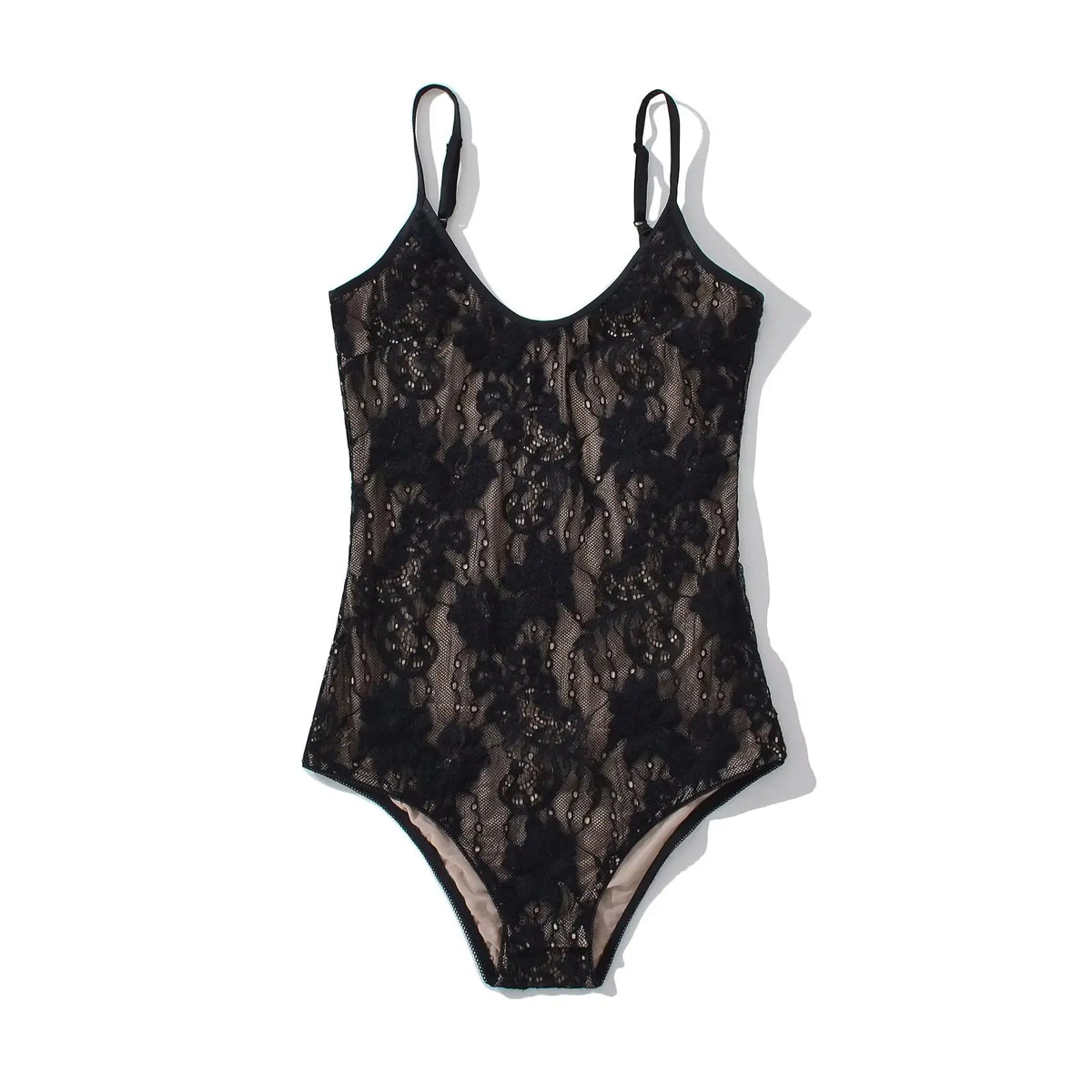 Transparent lace backless body by Corporación Turística, featuring sheer fabric and fitted design.