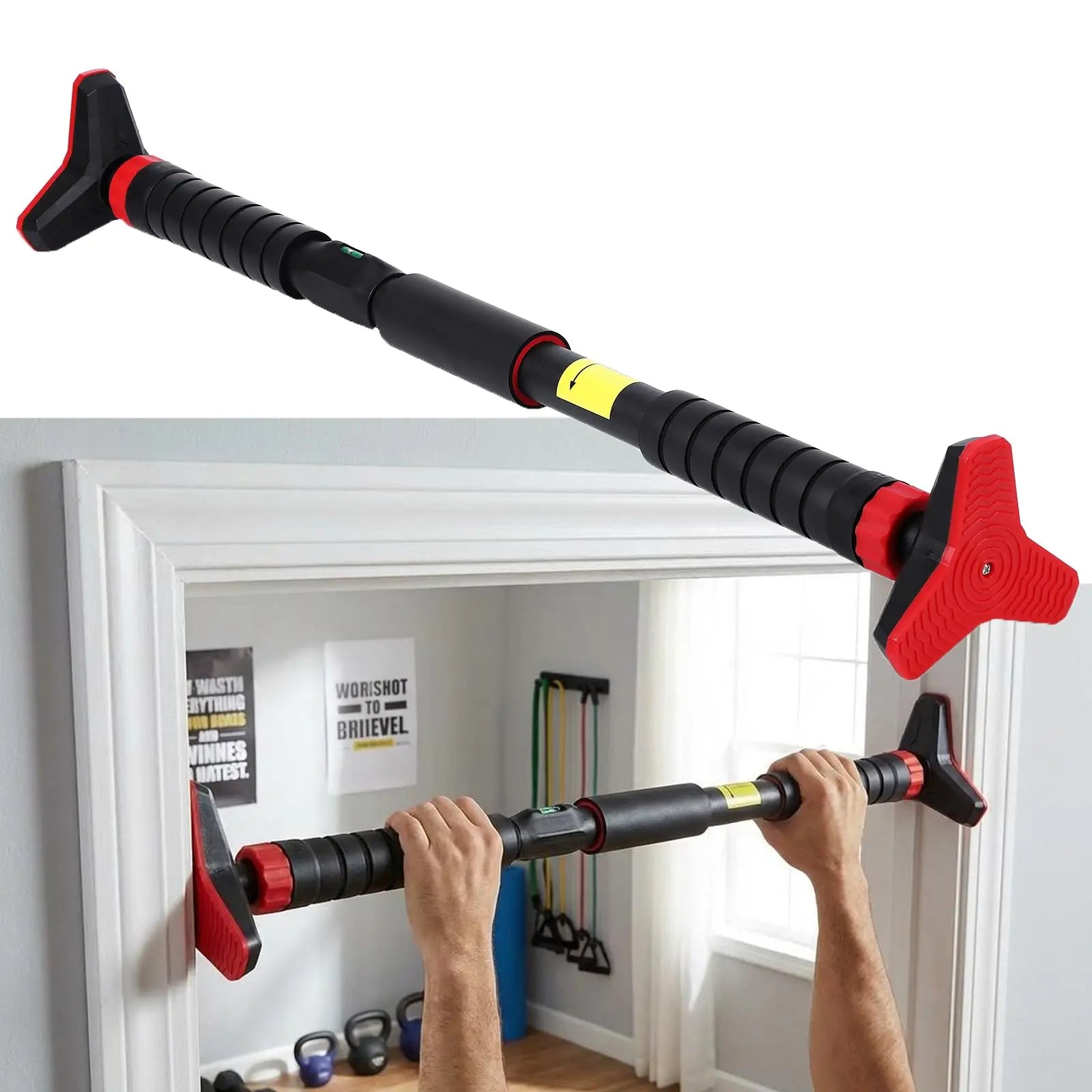Barra de dominadas ajustable para puerta sin tornillos, barra de dominadas con nivelador, carga máxima de 440 libras, ancho de 27.6 a 42 pulgadas, barra de entrenamiento de fuerza para gimnasio en casa y oficina