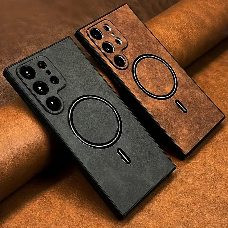 Luxury leather magnetic case for Samsung Galaxy S26, showcasing sleek design and secure magnetic closure.