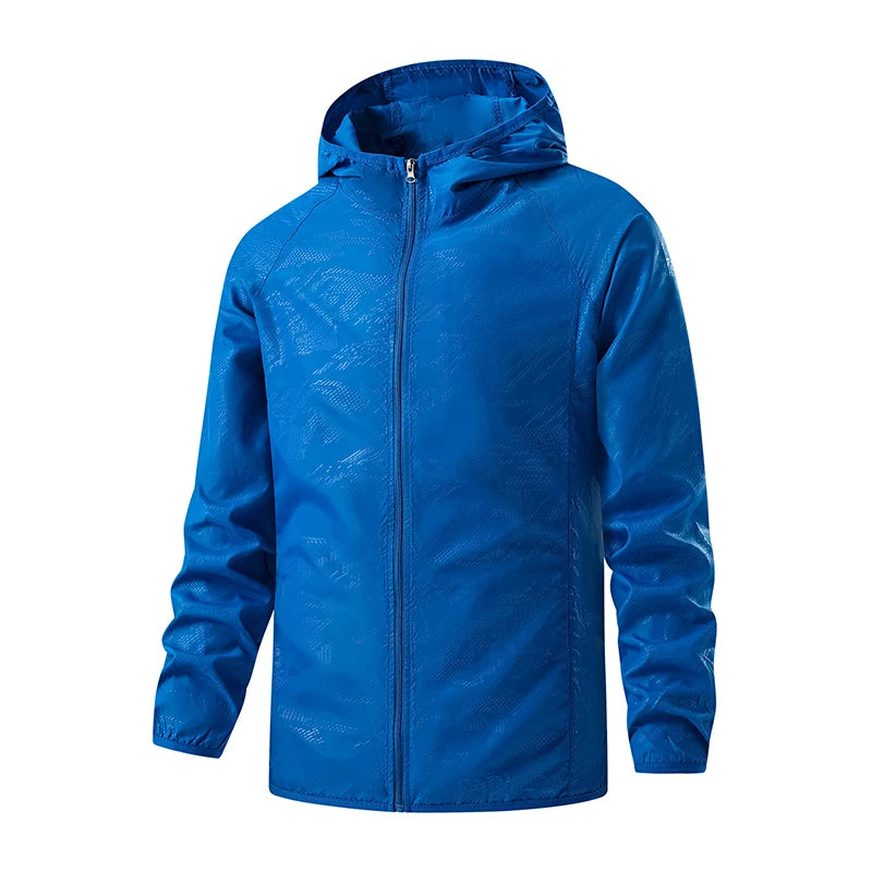 Unisex waterproof hiking jacket by Corporación Turística with a hood, lightweight design, suitable for outdoor adventures.