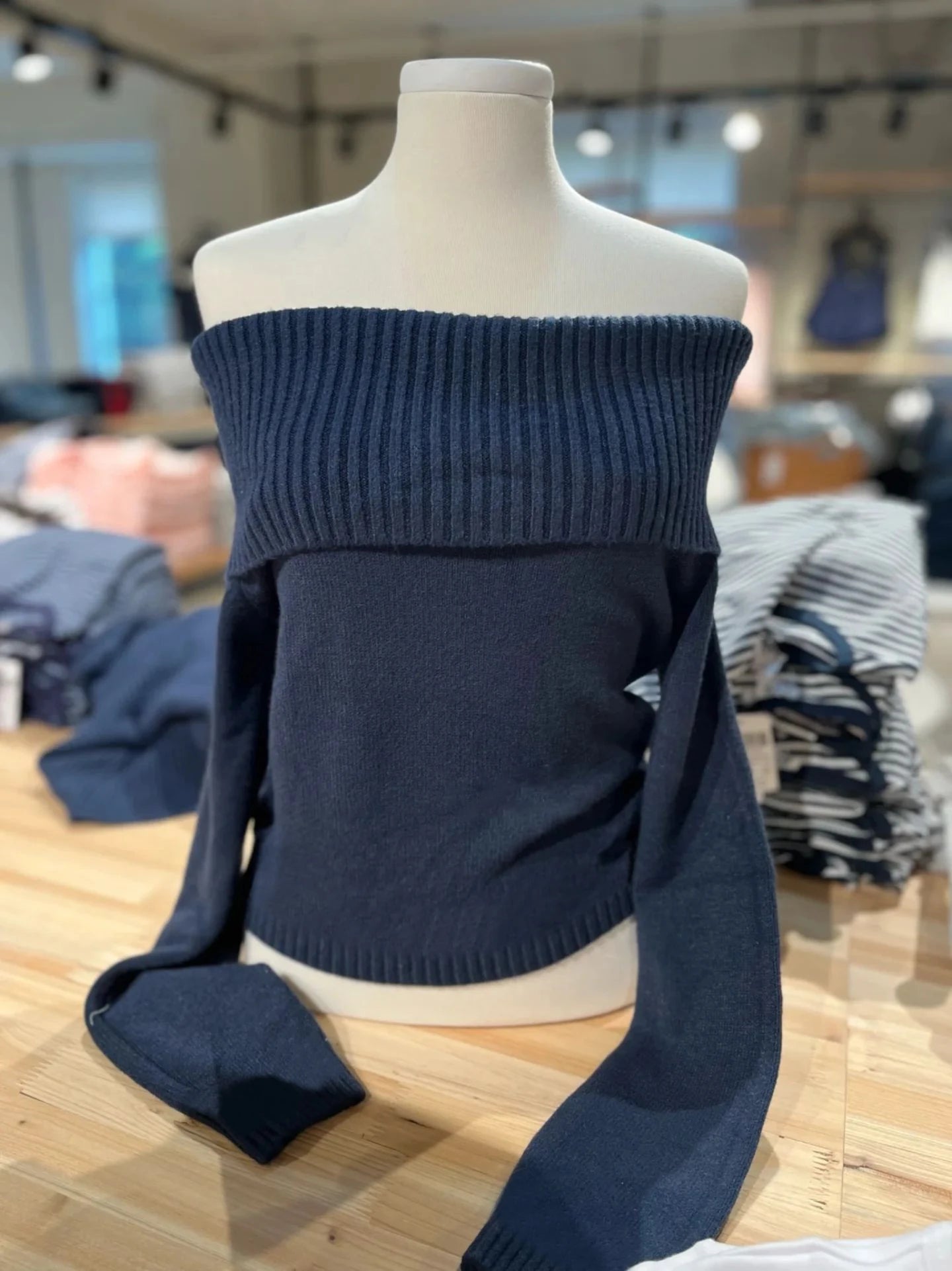Suéter Crop Vintage Azul Marino Mujer | Y2k Ajustado Cuello Oblicuo