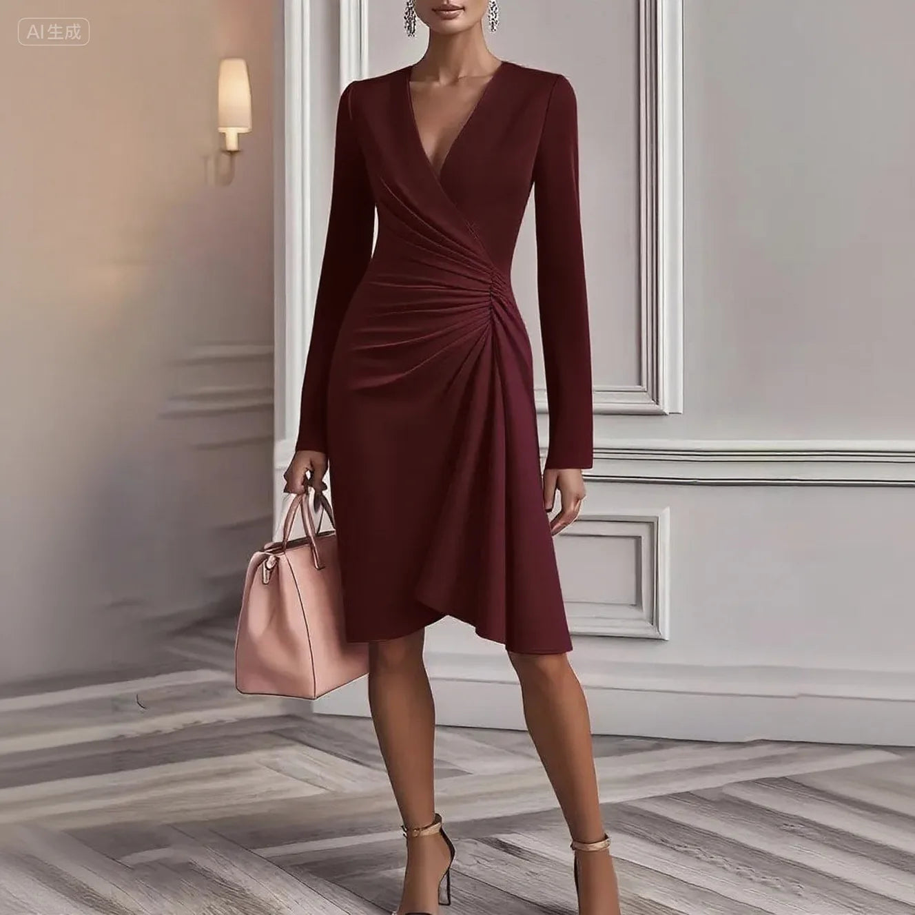Vestido Midi Elegante Mujer Cuello V Negro 2025 Ajustado Cruzado Oficina