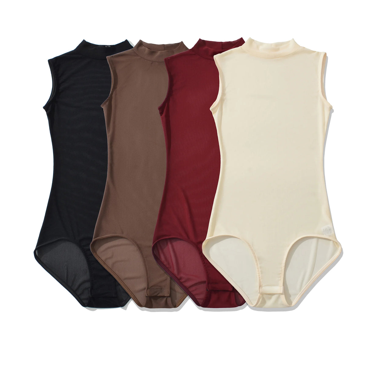 Sexy women's body suit in four colors with high neckline from Corporación Turística, shown in a close-up front view.