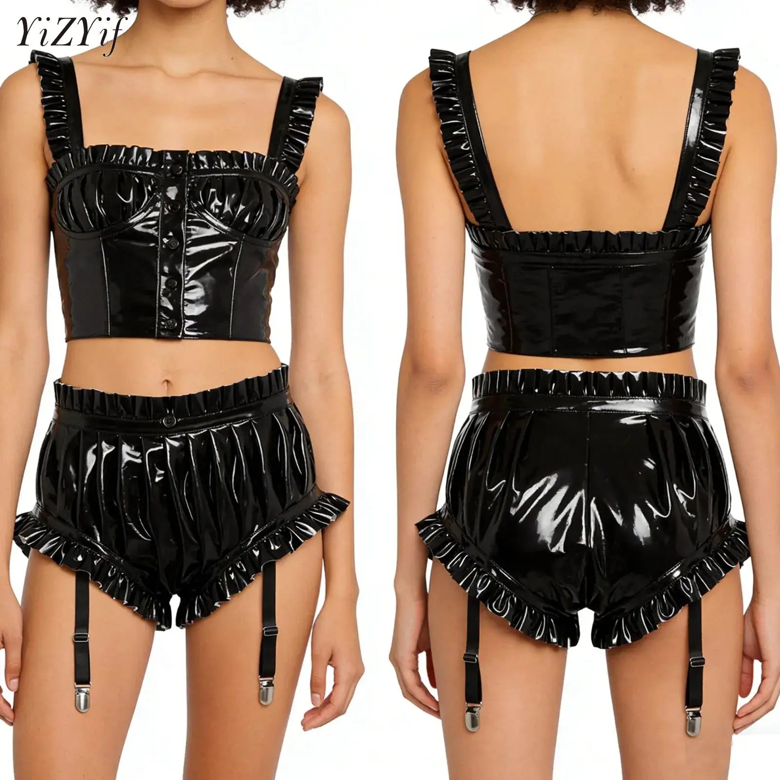 Shorts Cuero Wet Look Mujer YiZYiF Volantes Sexy Cintura Alta