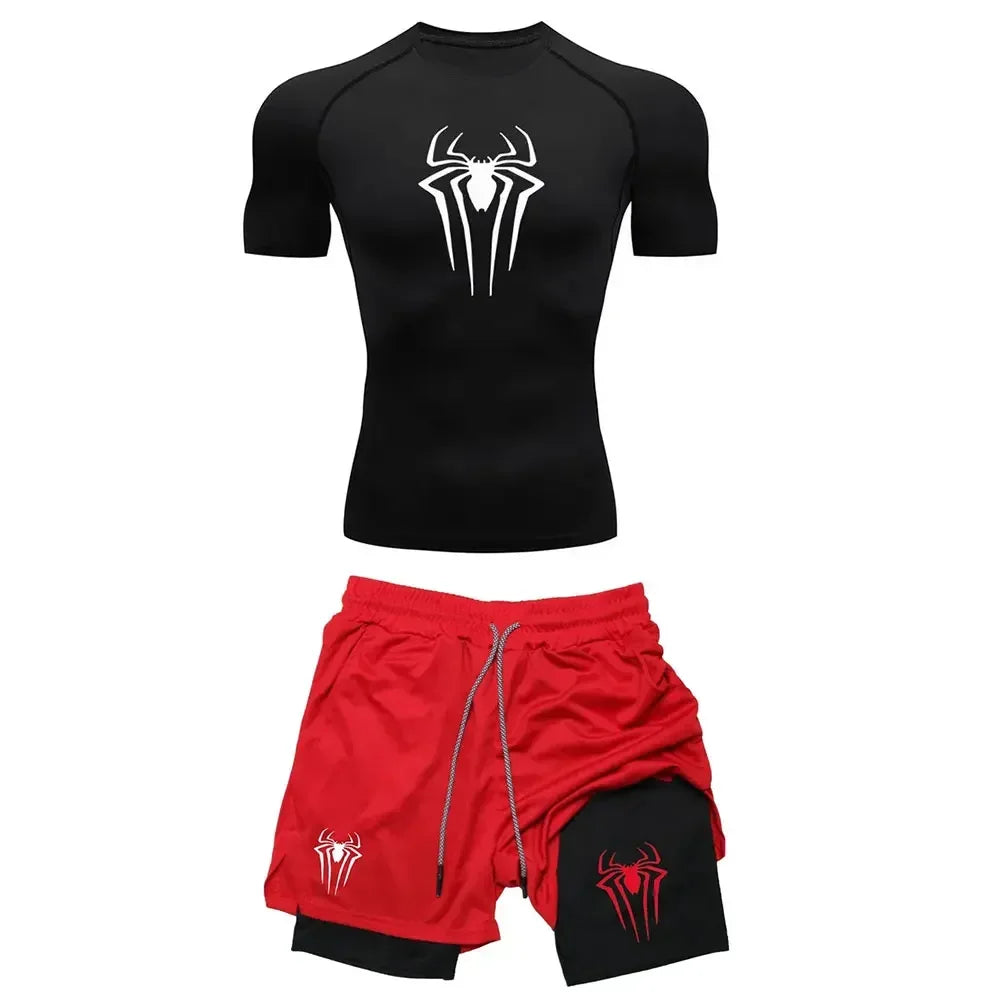 Conjunto de compresión de entrenamiento para hombre, camisetas de gimnasio con estampado de araña Y2K, pantalones cortos transpirables para correr, conjunto de ropa deportiva de secado rápido con protección contra sarpull