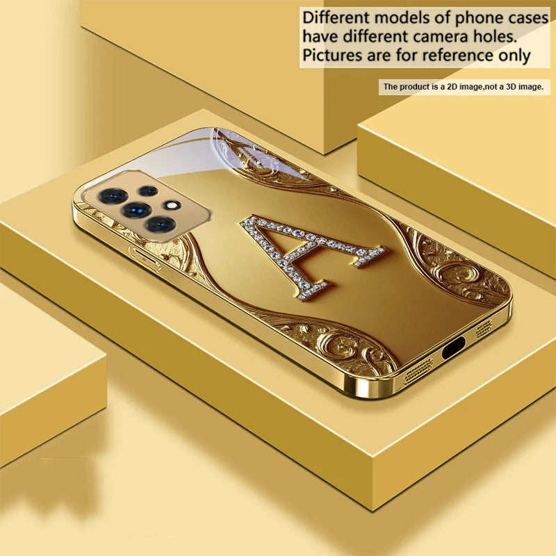Golden crystal phone case with diamond accents, designed by Corporación Turística, showcasing a luxurious and elegant protective cover.