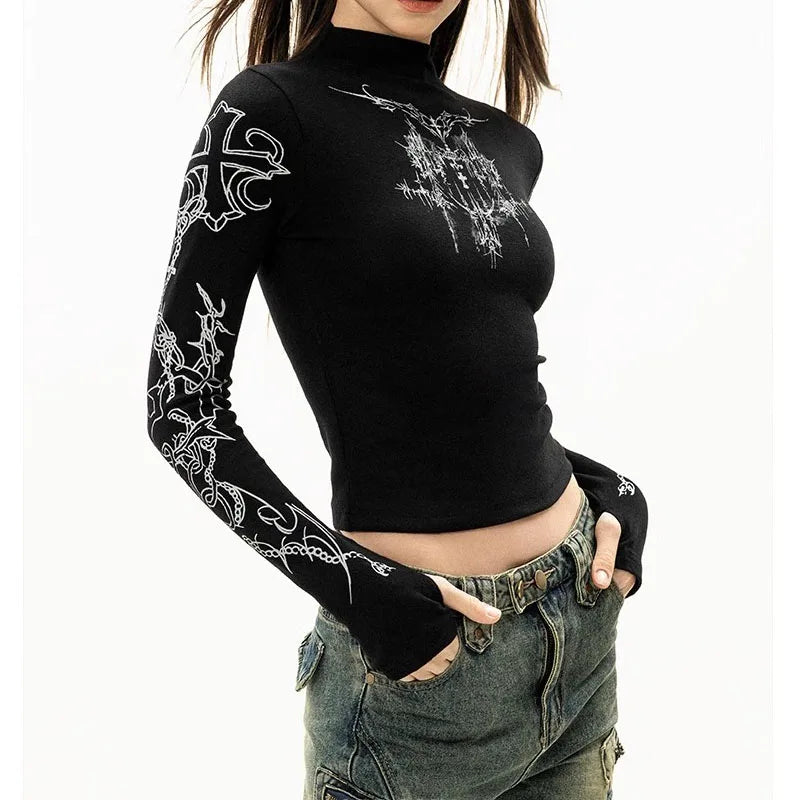 Camiseta Grunge Y2K Mujer Cuello Alto Gráfica - Estilo Emo Punk